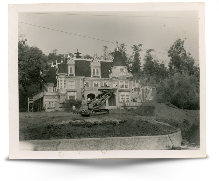Early photograph of The Magic Castle undergoing exterior renovations